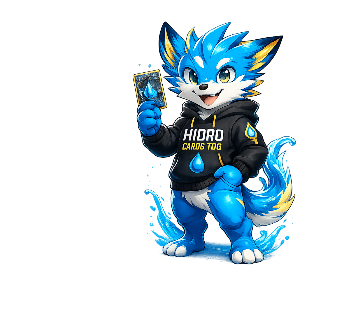 Hydrix, mascota oficial de HidroCardsTCG, mostrando una carta coleccionable